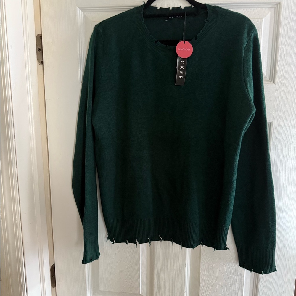 Green Sweater with Distressed Hem